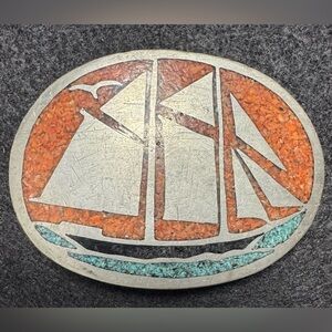 Vintage 80s Pewter Belt Buckle Signed Harold Hicock Inlaid w Crushed Turquoise